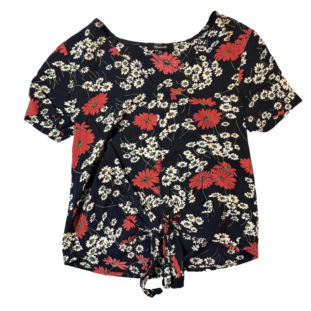 Madewell Top Womens XXS Navy Red Floral Tie Waist Short Cottagecore Summer